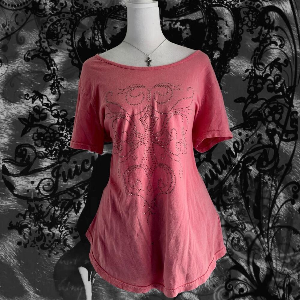 bedazzled embellished intricate gothic cross salmon pink distressed tee